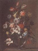 unknow artist Still life of carnations,tulips,roses and daffodils,in a glass vase,upon a table-top oil